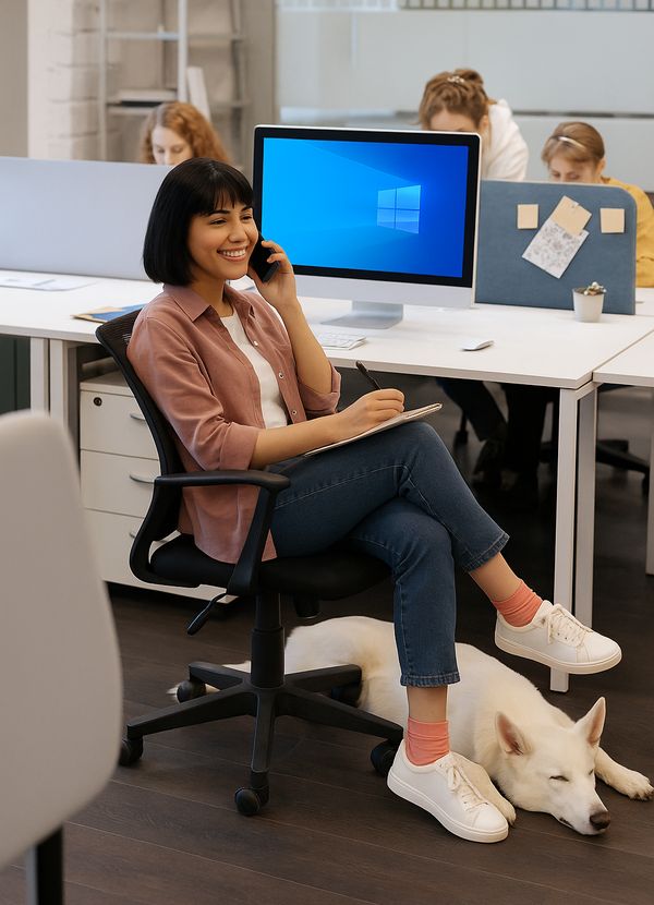 fwt office woman windows dog smile 600x830
