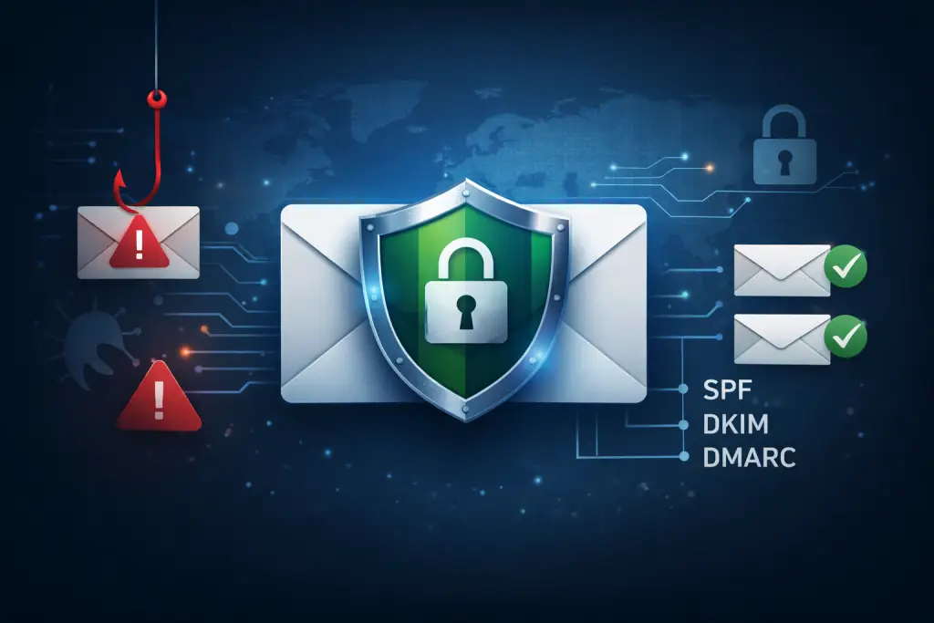 Email security illustration showing SPF DKIM and DMARC protection