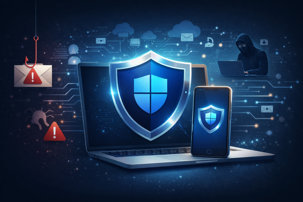 Cybersecurity illustration showing Microsoft Defender protecting business devices from threats